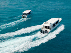Two new Arriva luxury speedboats cruising in Maldives showing fleet capacity and supporting Speedboat Transfer Prices